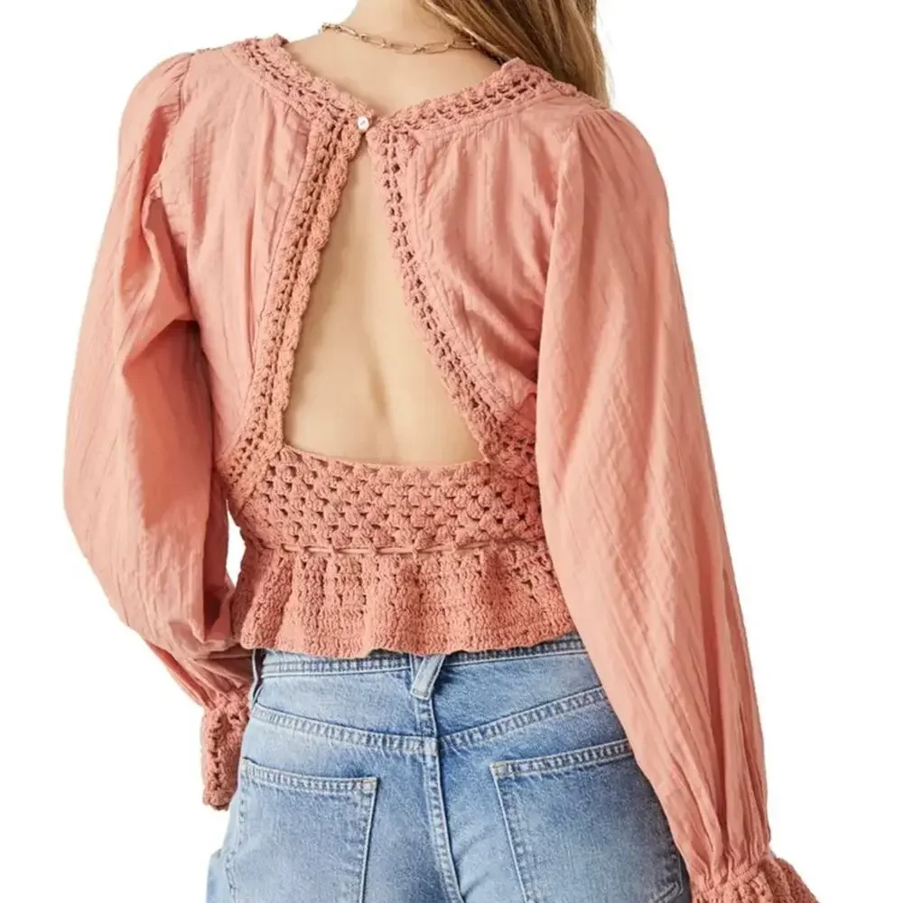 Free People Open Back Crochet Boho Top Dusty Rose Large NWT